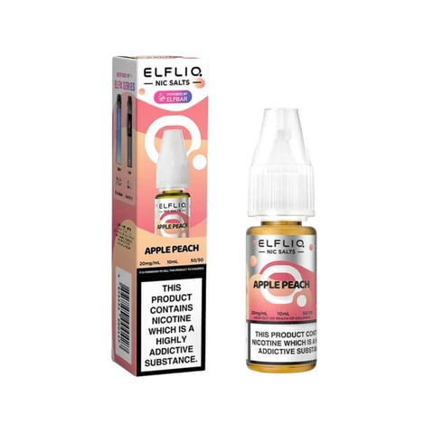 Elfliq Apple Peach nic salt e-liquid 10ml bottle, 50/50 VG/PG, available in 5mg, 10mg and 20mg