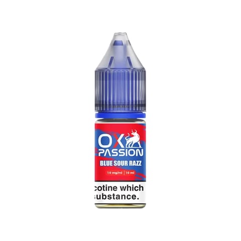 OX Passion Blue Sour Razz nic salt 10ml e-liquid bottle, 50/50 VG/PG, 5mg 10mg 20mg strengths