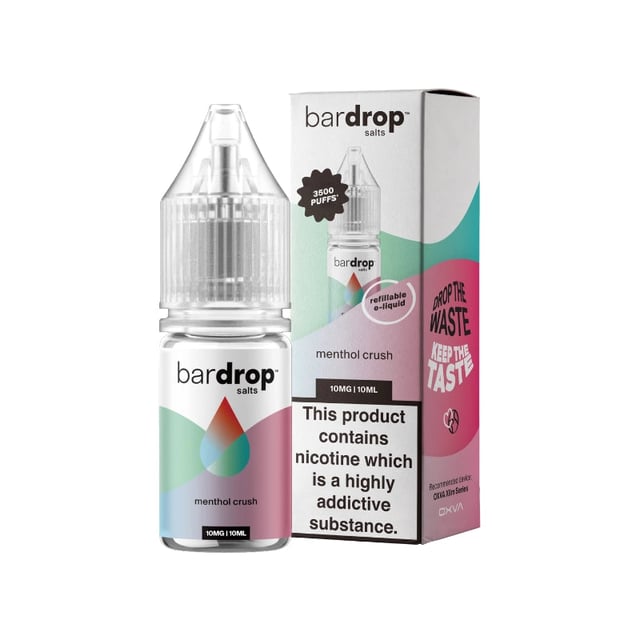 Bar Drop Menthol Crush nic salt e-liquid, 10ml bottle, 5mg 10mg and 20mg strengths, 50/50 VG/PG
