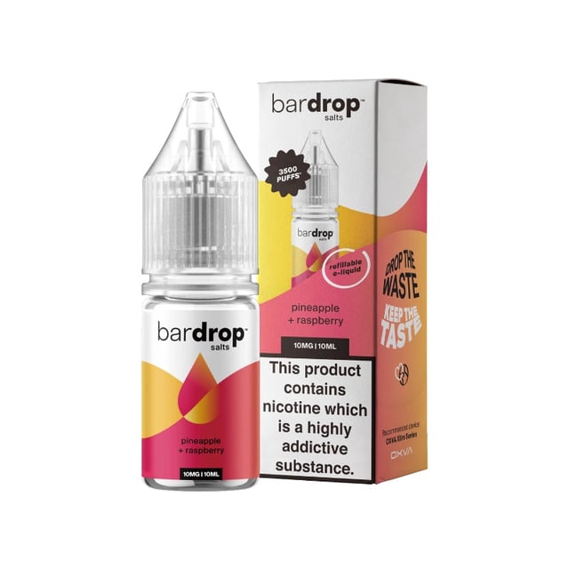 Bar Drop Pineapple & Raspberry nic salt 10ml e-liquid bottle, 5mg 10mg 20mg strengths, 50/50 VG/PG
