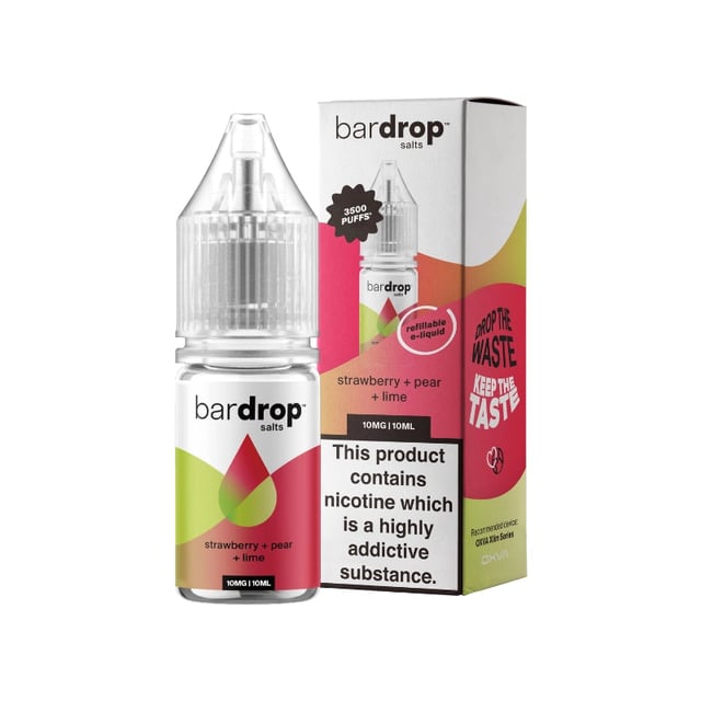 Bar Drop Strawberry Pear & Lime nic salt e-liquid, 10ml bottle, 5mg, 10mg and 20mg strengths