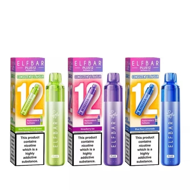 Elf Bar Plus 12 prefilled pod kit showing the rechargeable device, pod and refill container