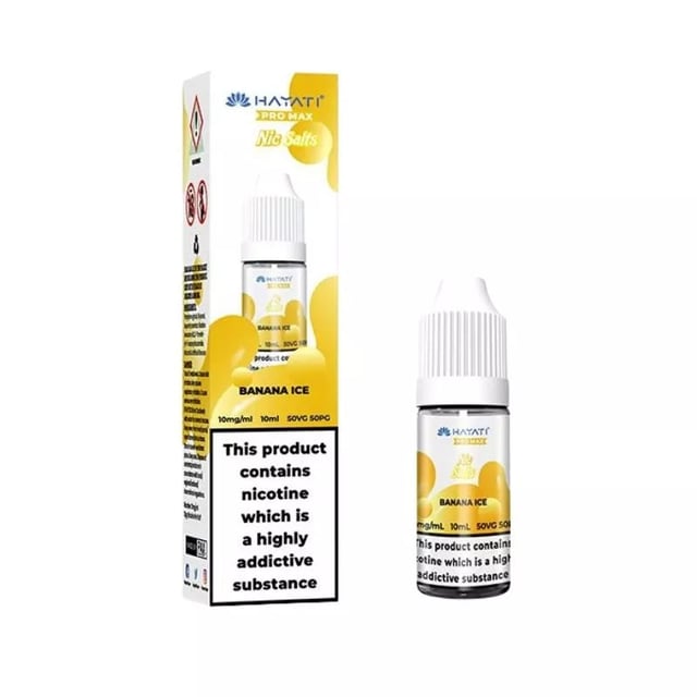 Hayati Pro Max Banana Ice nic salt e-liquid, 10ml bottle shown in 10mg and 20mg strengths