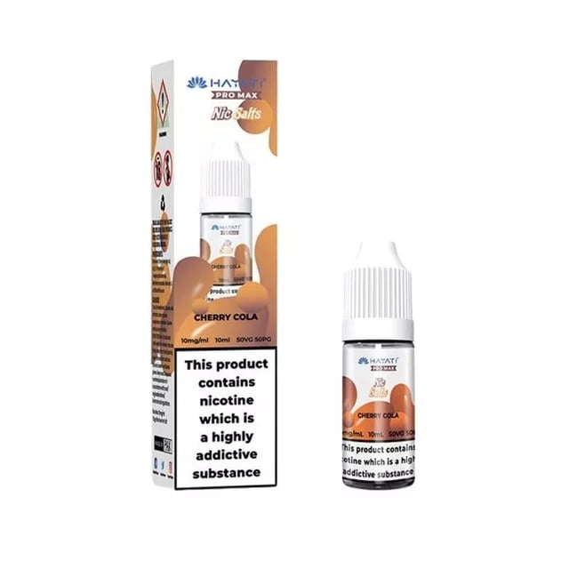Hayati Pro Max Cherry Cola nic salt 10ml bottle, 50/50 VG/PG, available in 10mg and 20mg strengths