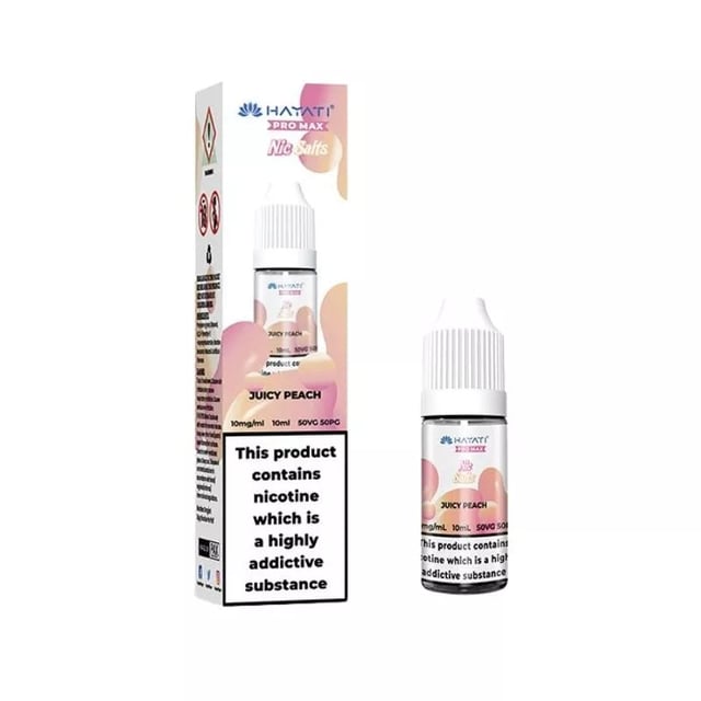 Hayati Pro Max Juicy Peach nic salt e-liquid 10ml bottle, available in 10mg and 20mg strengths