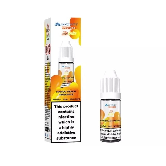 Hayati Pro Max Mango Peach Pineapple nic salt e-liquid, 10ml bottle, available in 10mg and 20mg strengths
