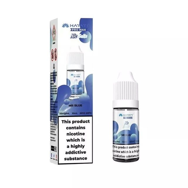Hayati Pro Max Mr Blue nic salt e-liquid 10ml bottle, shown in 10mg and 20mg strengths