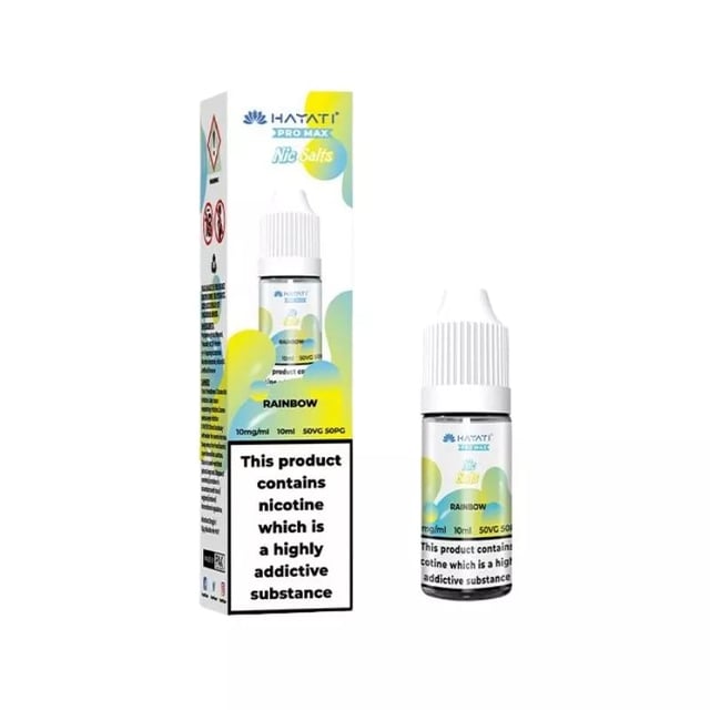 Hayati Pro Max Rainbow nic salt e-liquid 10ml bottle, 50/50 VG/PG, 10mg and 20mg strengths