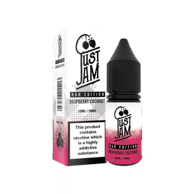 Just Jam Bar Edition Raspberry & Coconut nic salt 10ml e-liquid bottle, 5mg 10mg 20mg strengths