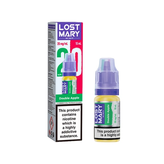 Lost Mary Double Apple nic salt e-liquid, 10ml bottle, shown in 5mg, 10mg and 20mg strengths