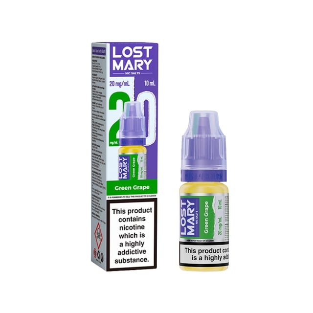 Lost Mary Green Grape nic salt 10ml e-liquid bottle, available in 5mg, 10mg and 20mg strengths