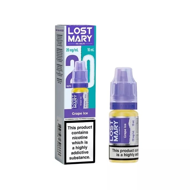 Lost Mary Grape Ice 10ml nic salt e-liquid bottle, available in 5mg, 10mg and 20mg strengths