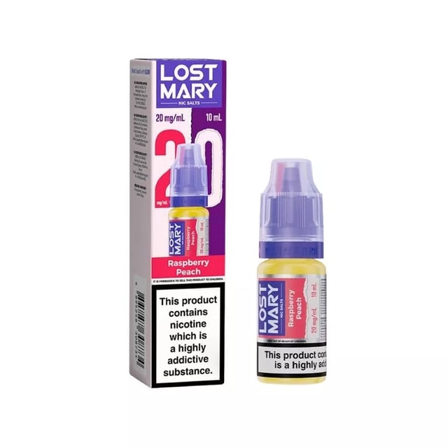 Lost Mary Raspberry Peach nic salt e-liquid, 10ml bottle, available in 5mg, 10mg and 20mg strengths
