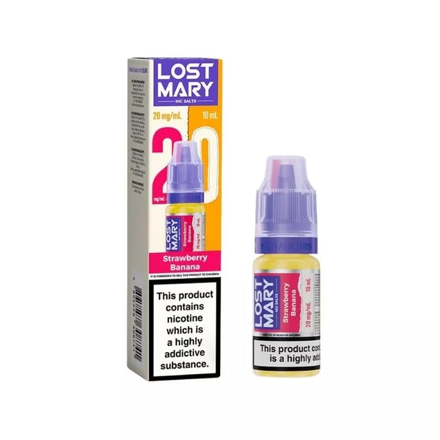 Lost Mary Strawberry Banana nic salt e-liquid, 10ml bottle, shown in 5mg, 10mg and 20mg strengths
