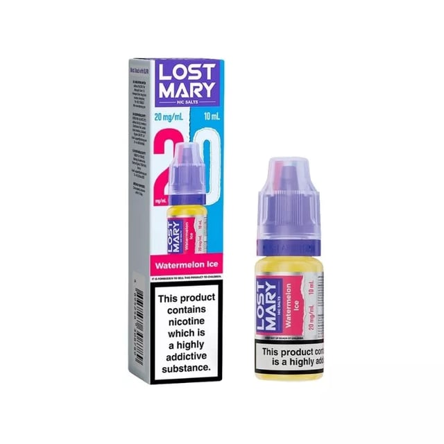 Lost Mary Watermelon Ice nic salt e-liquid 10ml bottle, available in 5mg, 10mg and 20mg strengths