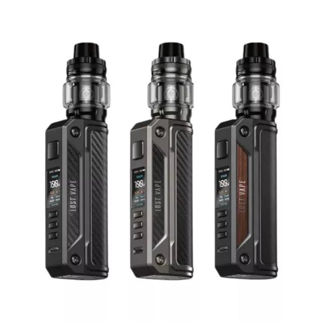 Lost Vape Thelema Solo 100w refillable pod kit shown in Black Carbon Fibre with Centaurus Sub-Ohm Tank fitted