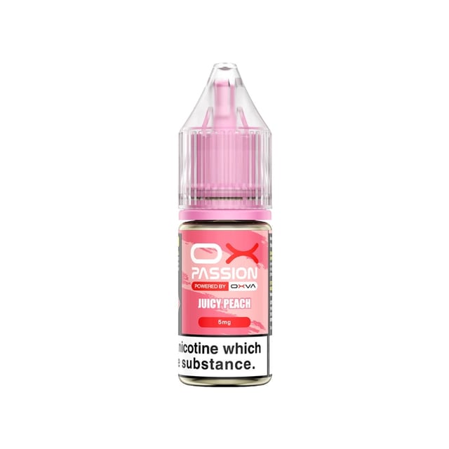 OX Passion Juicy Peach 10ml nic salt e-liquid bottle, available in 5mg, 10mg and 20mg strengths