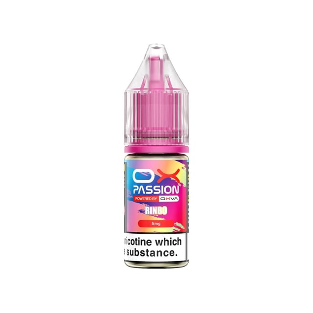 OX Passion Rinbo 10ml nic salt e-liquid bottle, 50/50 candy flavour, 5mg 10mg 20mg strengths