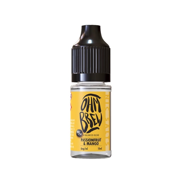 Ohm Brew Balanced Blends Passionfruit & Mango 10ml nic salt e-liquid bottle in 3mg, 6mg, 12mg and 18mg