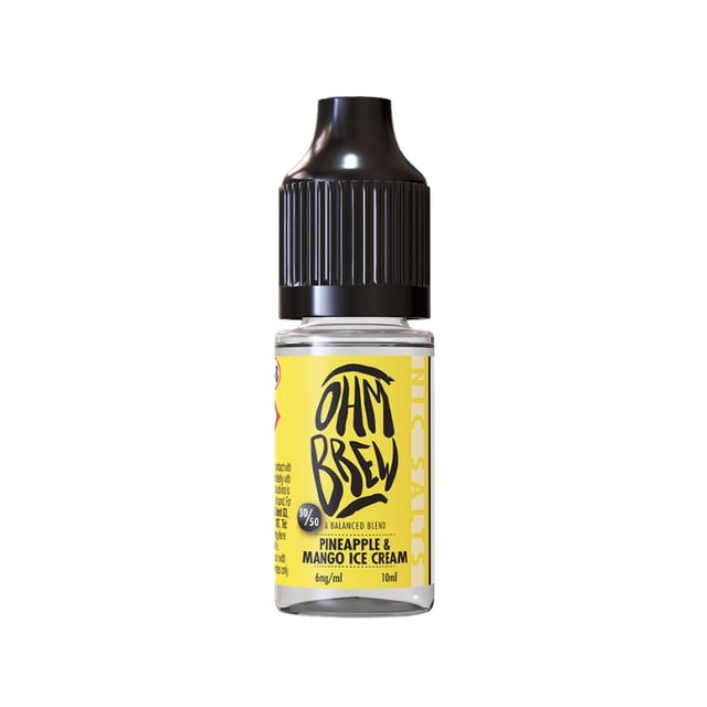 Ohm Brew Balanced Blends Pineapple & Mango Ice Cream nic salt e-liquid, 10ml bottle in 3mg, 6mg, 12mg and 18mg