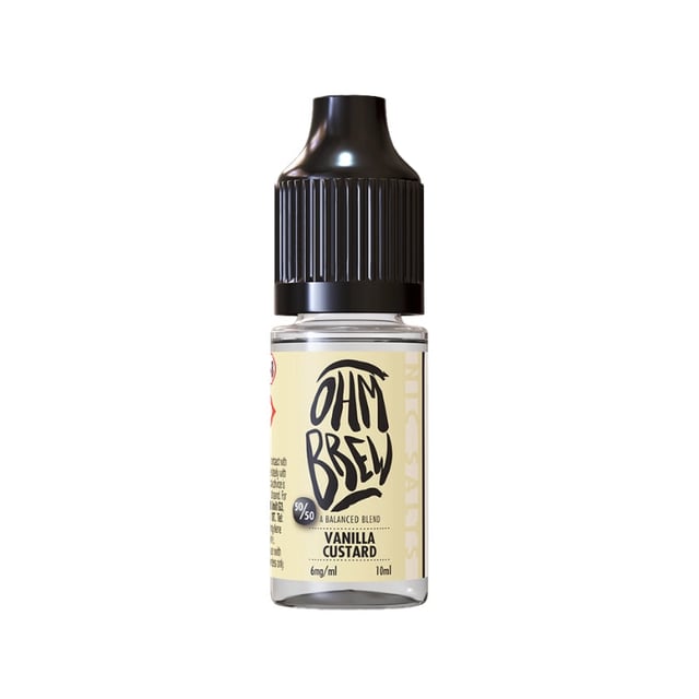 Ohm Brew Balanced Blends Vanilla Custard 10ml nic salt e-liquid bottle, available in 3mg, 6mg, 12mg and 18mg