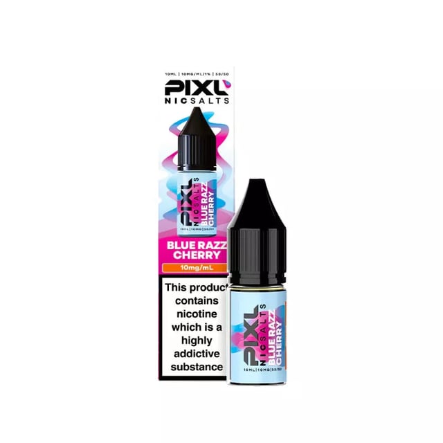 PIXL Blue Razz Cherry Nic Salt 10ml e-liquid bottle, 50/50 VG/PG, available in 10mg and 20mg strengths