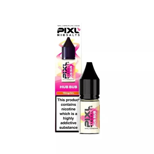 PIXL Hub Bub nic salt e-liquid, 10ml bottle, bubblegum flavour, available in 5mg, 10mg and 20mg strengths