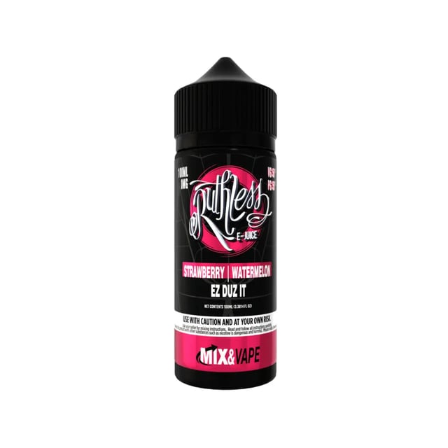 Ruthless Ez Duz It 100ml nicotine free shortfill e-liquid bottle, strawberry watermelon flavour