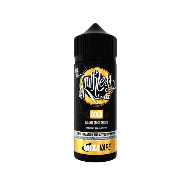 Ruthless Gold 100ml nicotine free shortfill e-liquid bottle, cookies and caramel flavour