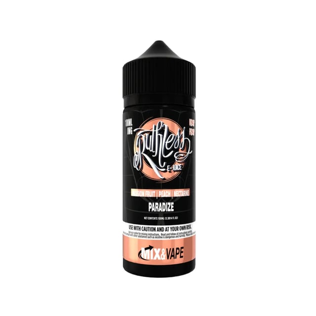 Ruthless Paradize 100ml shortfill e-liquid bottle, nicotine free, passion fruit peach nectarine flavour