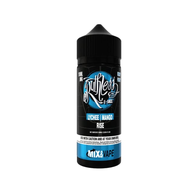 Ruthless Rise 100ml nicotine free shortfill e-liquid bottle, lychee and mango flavour, 70VG/30PG