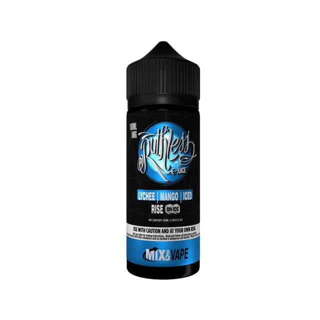 Ruthless Rise On Ice 100ml shortfill e-liquid bottle, nicotine free, lychee mango ice flavour