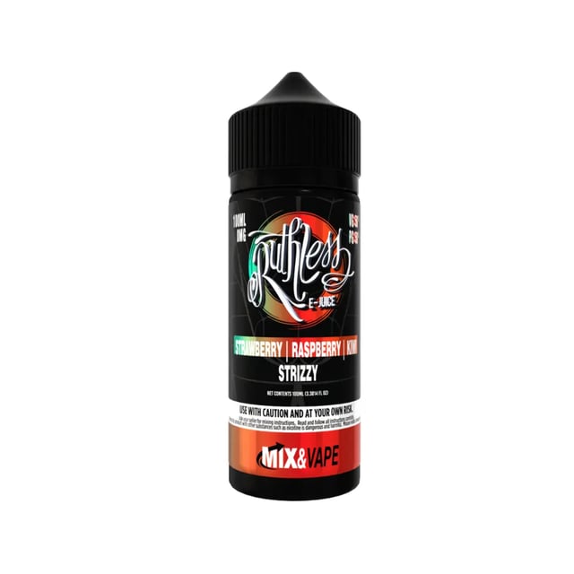 Ruthless Strizzy 100ml nicotine free shortfill e-liquid bottle, strawberry kiwi raspberry flavour