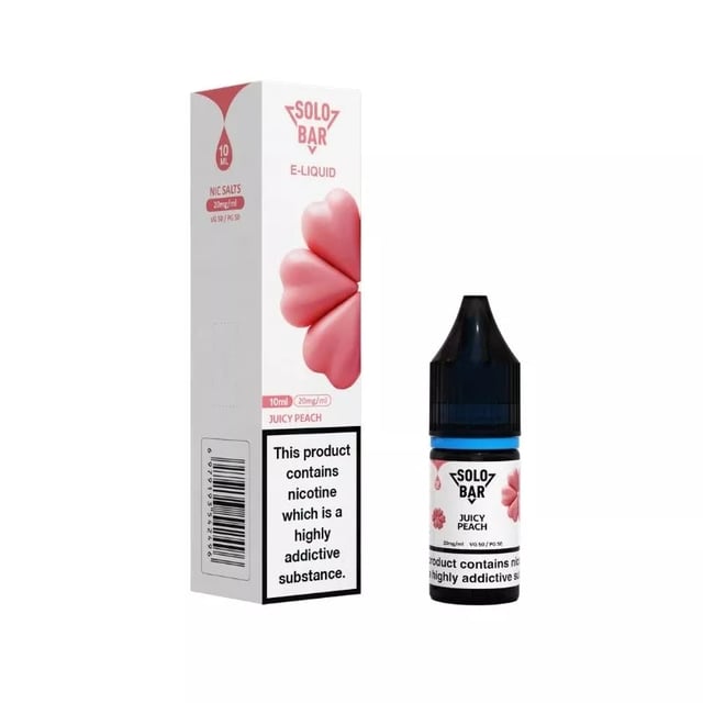 Solobar Juicy Peach nic salt e-liquid, 10ml bottle, available in 10mg and 20mg strengths