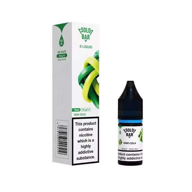 Solobar Kiwi Cola nic salt e-liquid 10ml bottle, available in 10mg and 20mg strengths