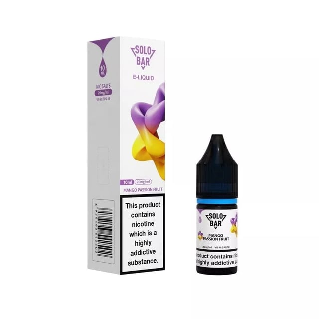 Solobar Mango Passionfruit nic salt e-liquid, 10ml bottle, available in 10mg and 20mg strength