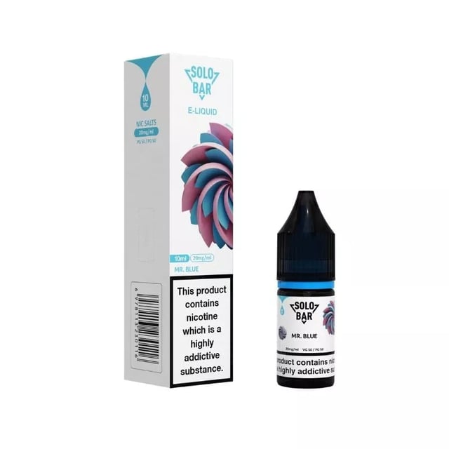 Solobar Mr Blue nic salt e-liquid, 10ml bottle, mixed berry and aniseed flavour, 10mg and 20mg strengths
