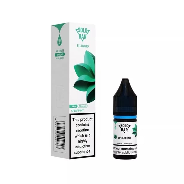 Solobar Spearmint nic salt e-liquid, 10ml bottle, 10mg and 20mg strength, 50VG/50PG for MTL pod kits