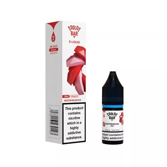 Solobar Watermelon Ice nic salt e-liquid 10ml bottle, available in 10mg and 20mg strengths
