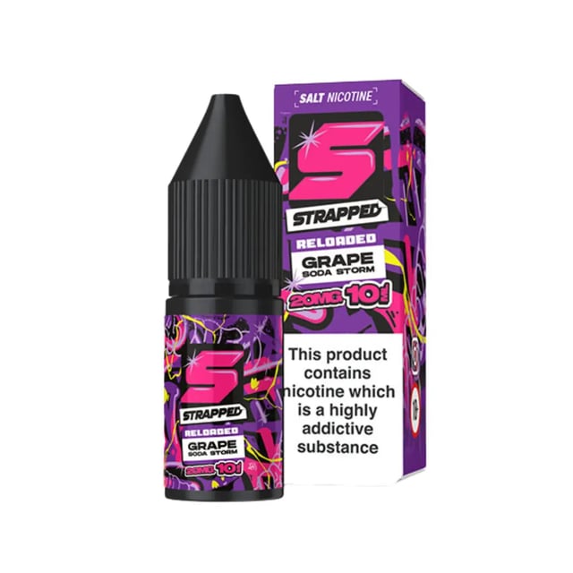 Strapped Reloaded Grape Soda Storm 10ml nic salt e-liquid bottle, 10mg and 20mg strengths, 50/50 VG/PG