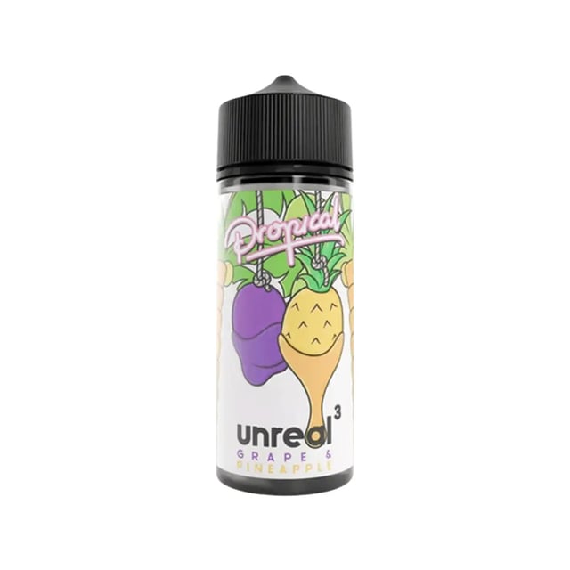 Unreal Propical Grape & Pineapple 100ml shortfill e-liquid bottle, nicotine free, 120ml bottle size