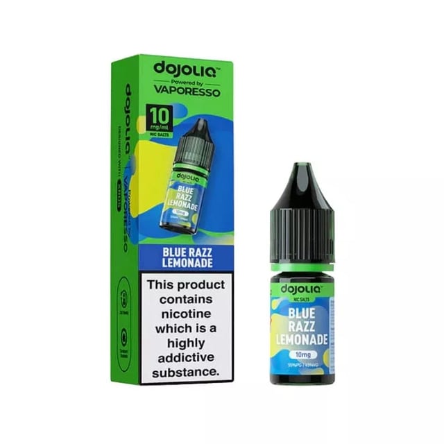 Vaporesso Dojoliq Blue Razz Lemonade 10ml nic salt e-liquid bottle, available in 10mg and 20mg strengths