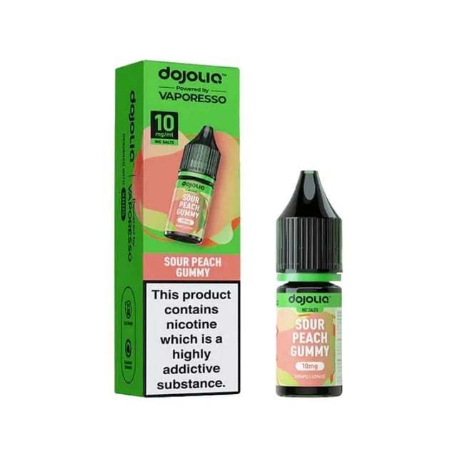 Vaporesso Dojoliq Sour Peach Gummy 10ml nic salt e-liquid bottle, 10mg and 20mg strengths