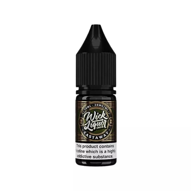 Wick Liquor Castaway nic salt e-liquid 10ml bottle, pineapple mango passionfruit flavour, 10mg and 20mg strengths