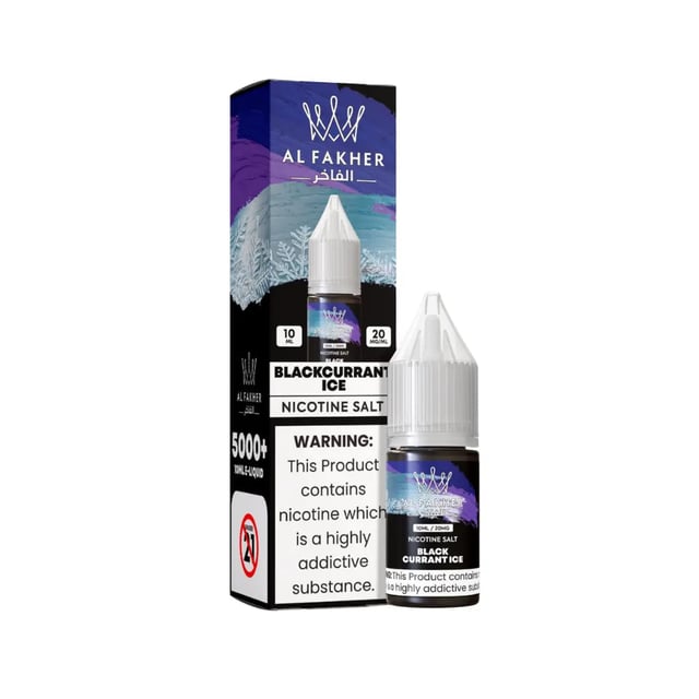 Al Fakher Blackcurrant Ice nic salt e-liquid, 10ml bottle, shown in 11mg and 20mg strengths
