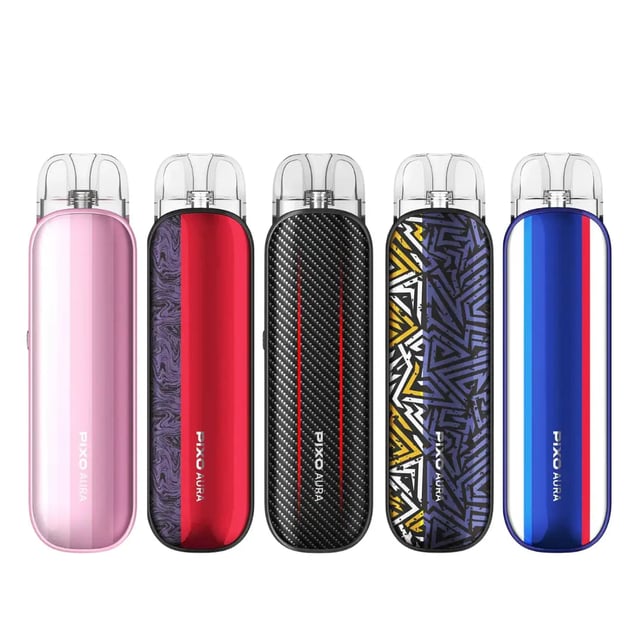 Aspire Pixo Aura refillable pod kit vape device shown in its available colour options