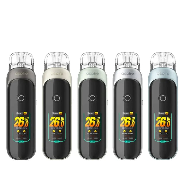Aspire Pixo Pod Vape Kit, a refillable touchscreen pod vape from Aspire shown in one of five metallic colours