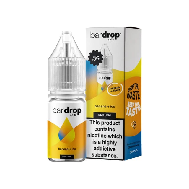 Bar Drop Banana Ice nic salt e-liquid, 10ml bottle, 5mg 10mg 20mg strengths, 50VG/50PG for pod kits