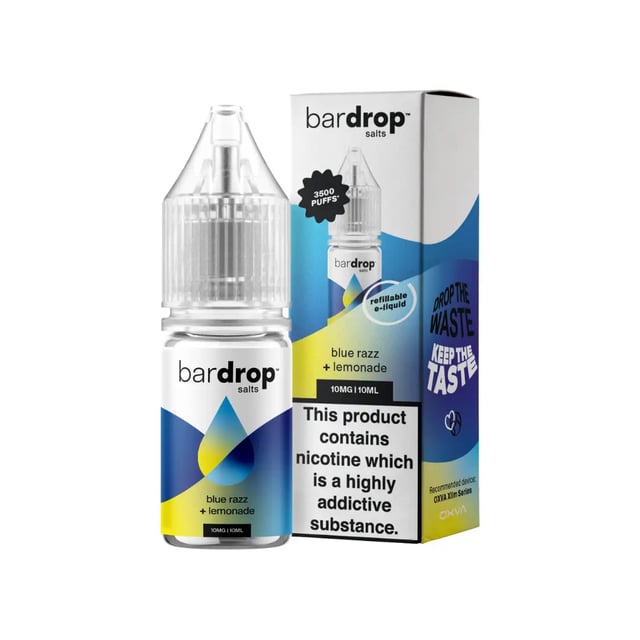 Bar Drop Blue Razz Lemonade nic salt e-liquid, 10ml bottle, available in 5mg, 10mg and 20mg strengths