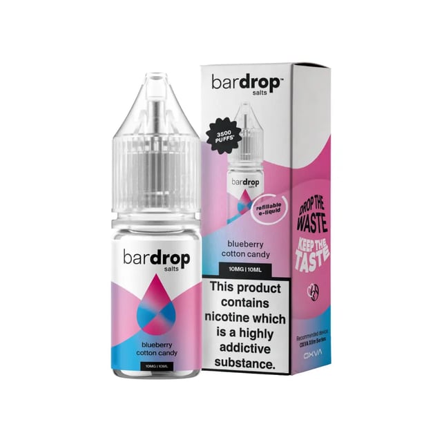 Bar Drop Blueberry Cotton Candy nic salt 10ml bottle, available in 5mg, 10mg and 20mg strengths